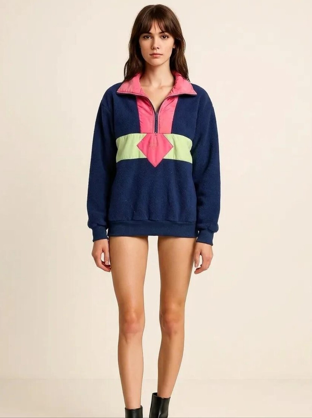 90s Navy Half Zip    with Pink Collar and Lime Stripe